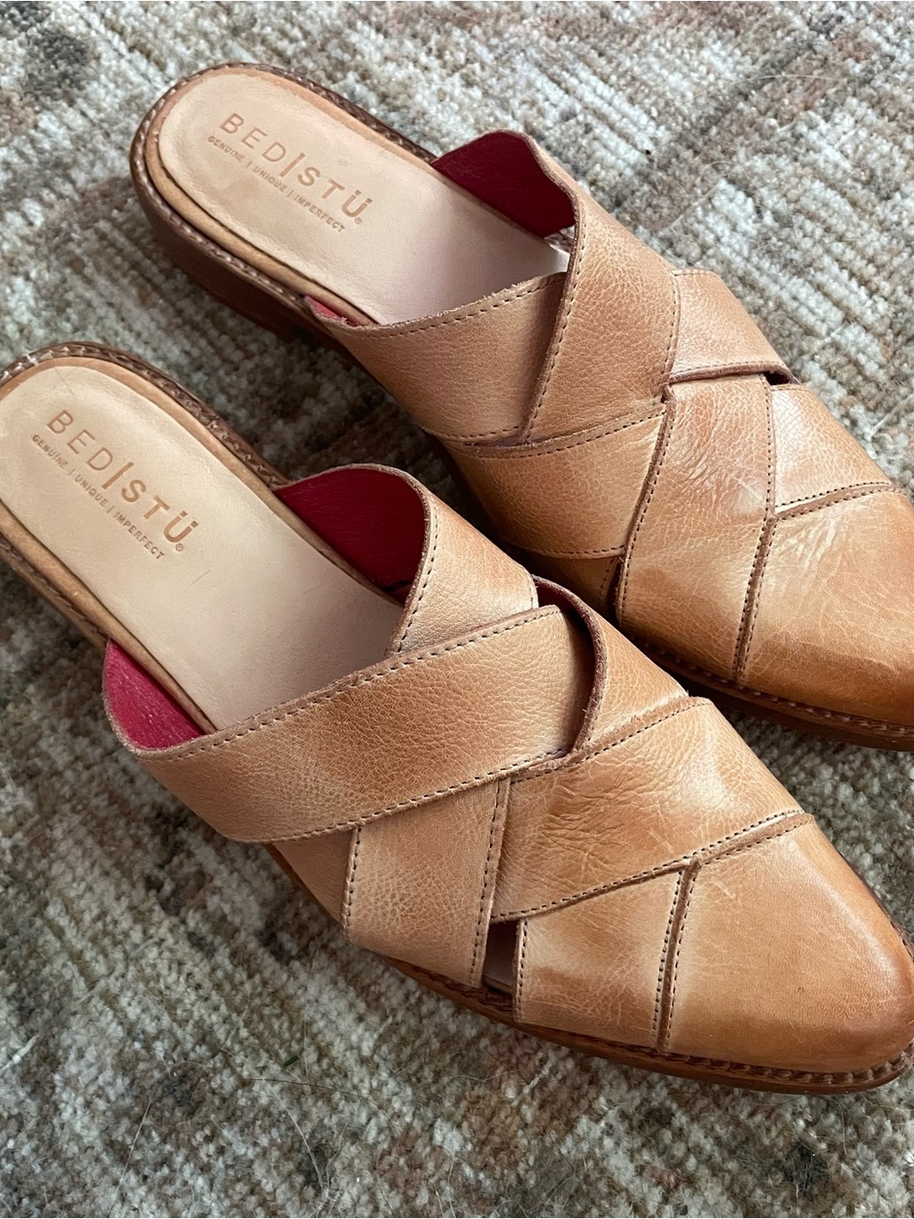 BED|STU Tan Leather Woven Slip-On Mules